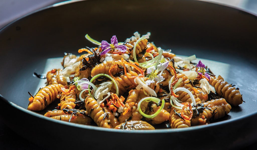 Cavatappi with kelp and herbs.