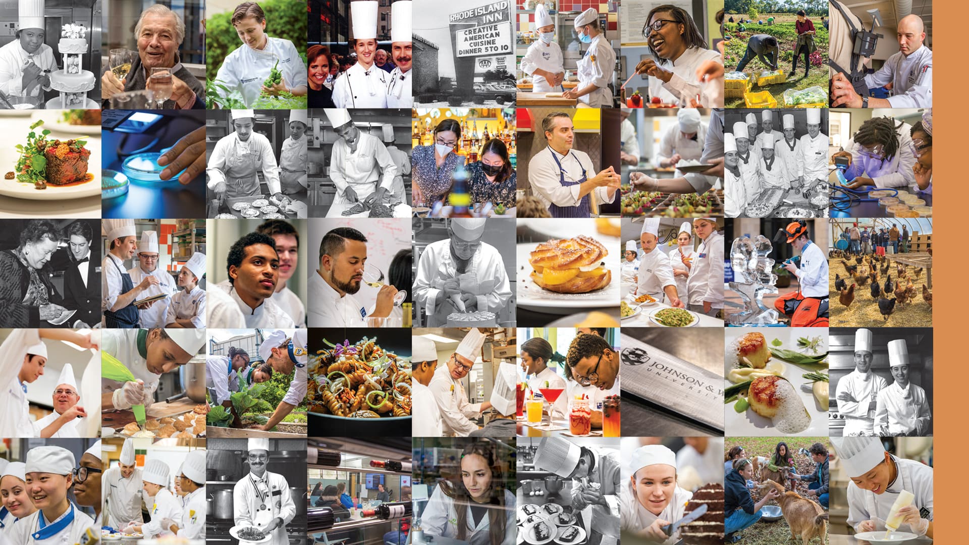 Collage grid of squares featuring images from all 50 years of JWU’s College of Food Innovation & Technology.