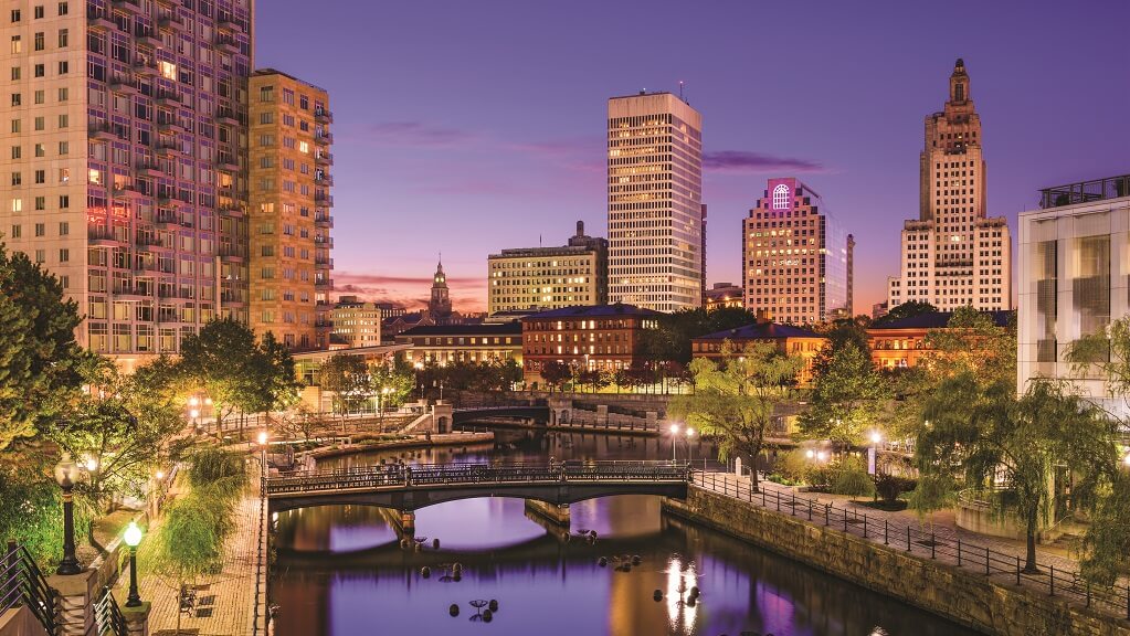 Providence River Walk area buildings at dusk