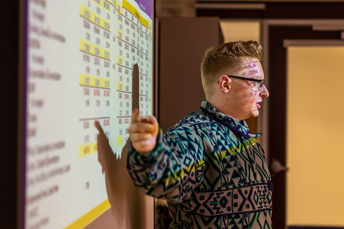 A student points to a projected spreadsheet during a presentation.