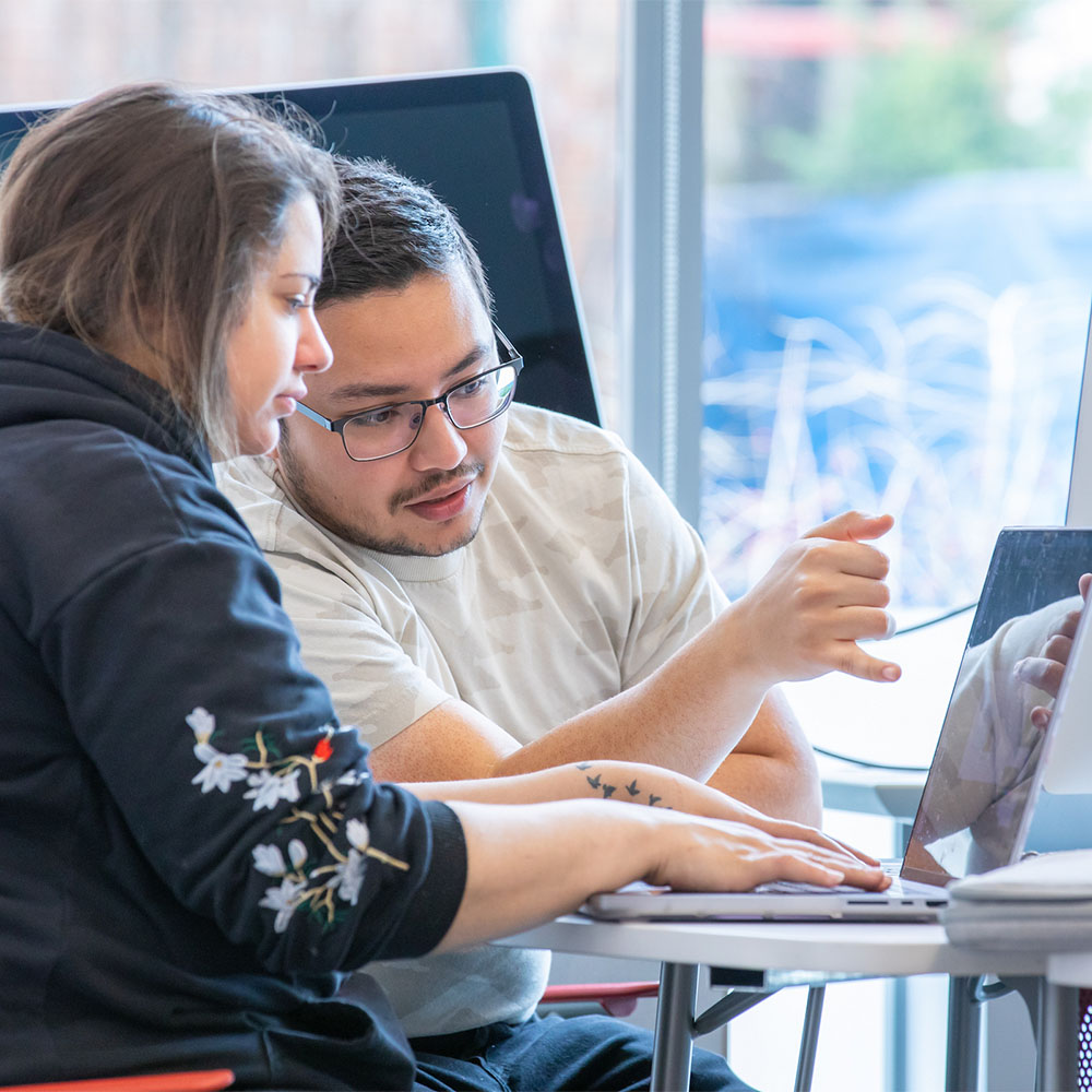 Two students collaborate at a desk, focused on a laptop screen with one student gesturing toward it.