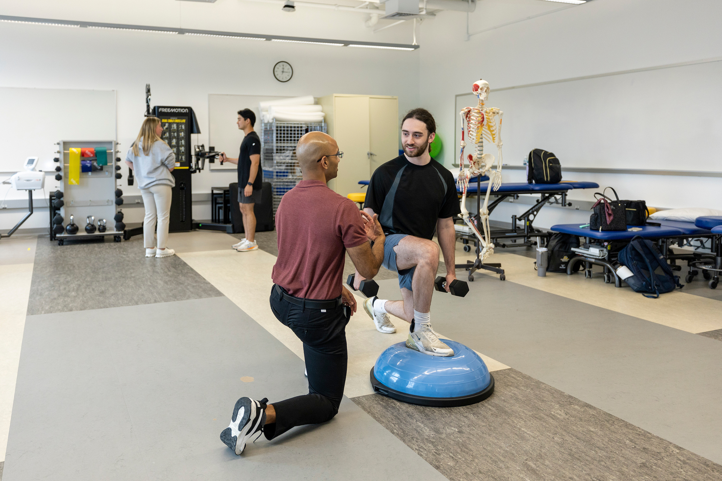 Two people practice a balance and strength exercise with dumbbells and a BOSU ball in a physical therapy lab, while two others use training equipment in the background near exam tables and a skeleton model.