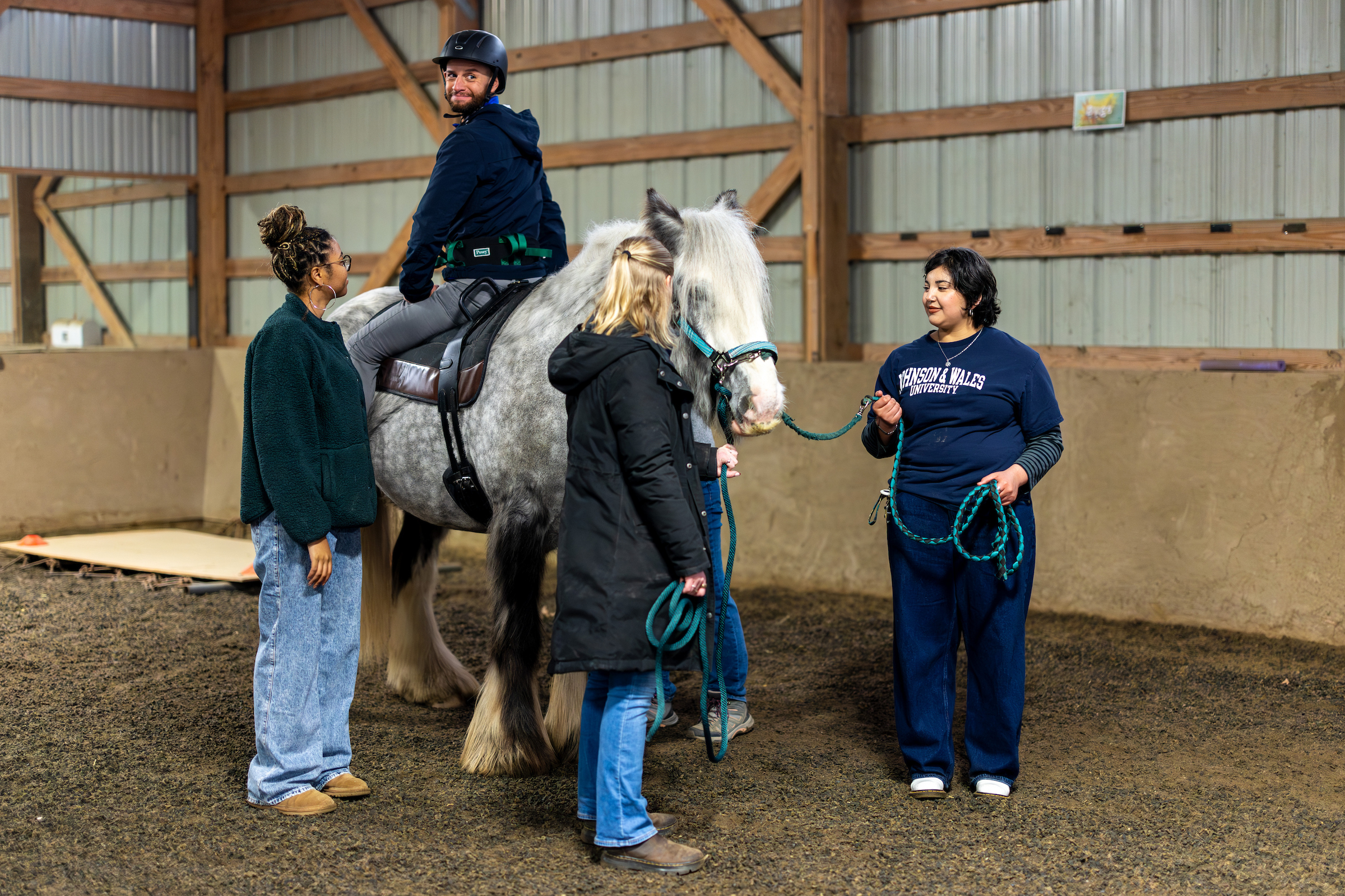 One person wearing a helmet sits on a gray horse in an indoor riding arena while three others stand nearby holding lead ropes and observing the session.