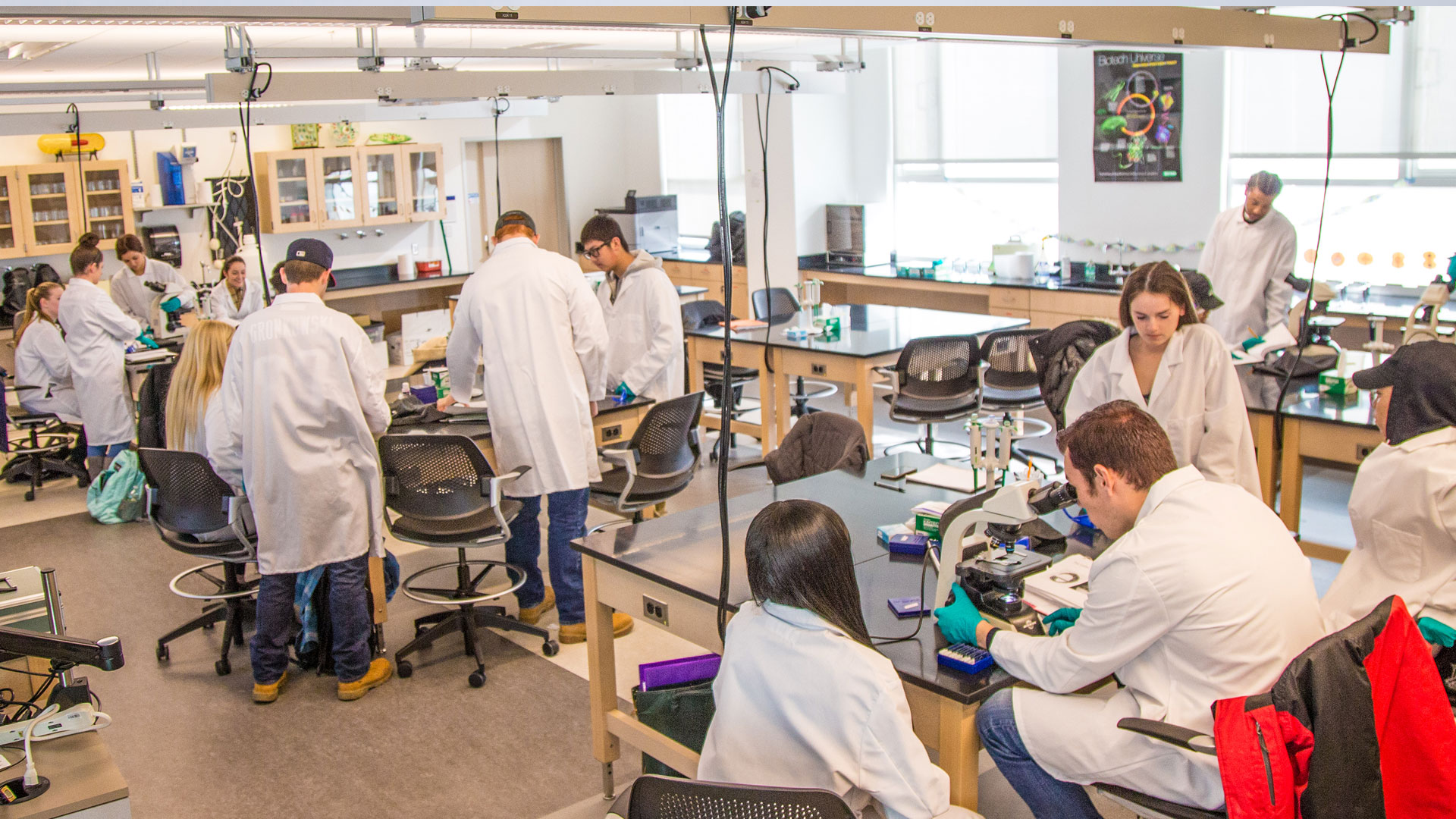 A group of individuals in lab coats work at stations in a well-lit laboratory, using microscopes and other equipment.