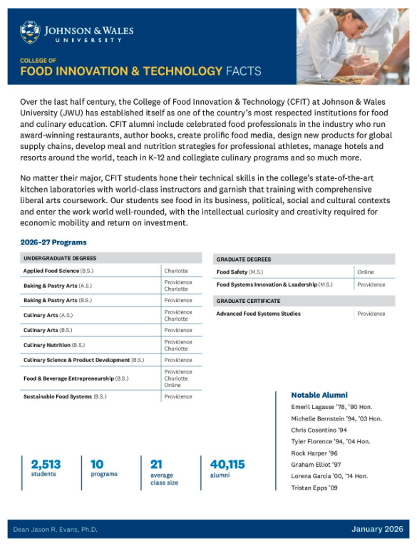 JWU College of Food Innovation & Technology Fast Facts PDF Download
