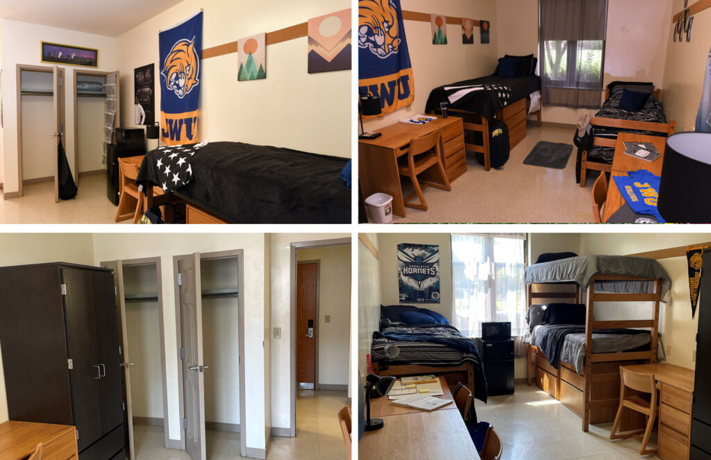 Cedar Hall South bedroom layout views, clockwise from top left: Double closet layout, Double bedroom layout, Triple bedroom layout and Triple closets.
