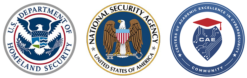 Government seals, left to right: US Department of Homeland Security (DHS), National Security Agency, and the Center of Academic Excellence in Cybersecurity Community. 