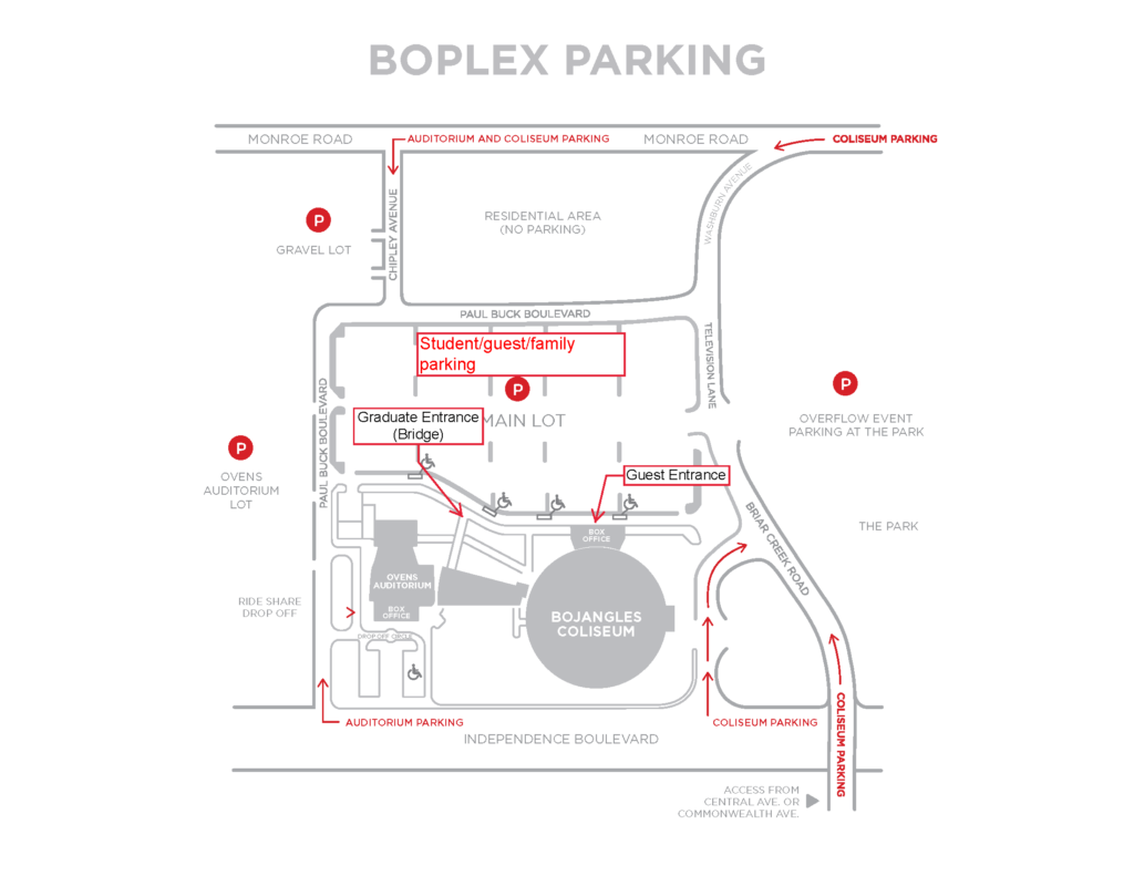 Map of student, guest, and family parking and the entrances for graduates and guests.