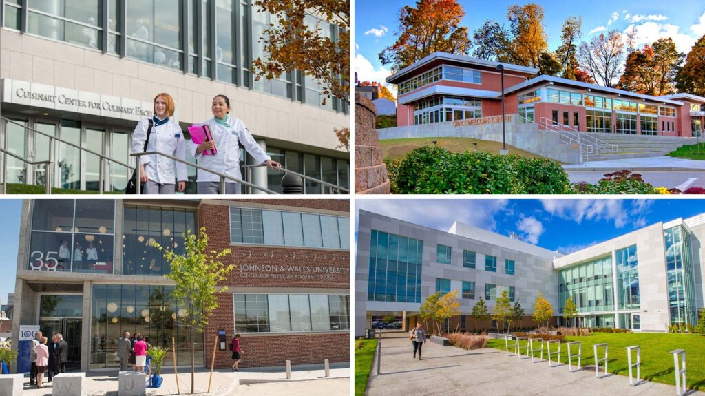 LEED-certified buildings on the JWU Providence campus include the Cuisinart Center for Culinary Excellence, the Grace Welcome Center, the Bowen Center and the Center for Physician Assistant Studies (clockwise from top left).