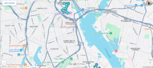 Birds-eye view map of Providence and East Providence, with major highways running through the center of Downcity.