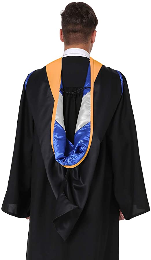 Photo of the back of a man displaying a graduation hood.