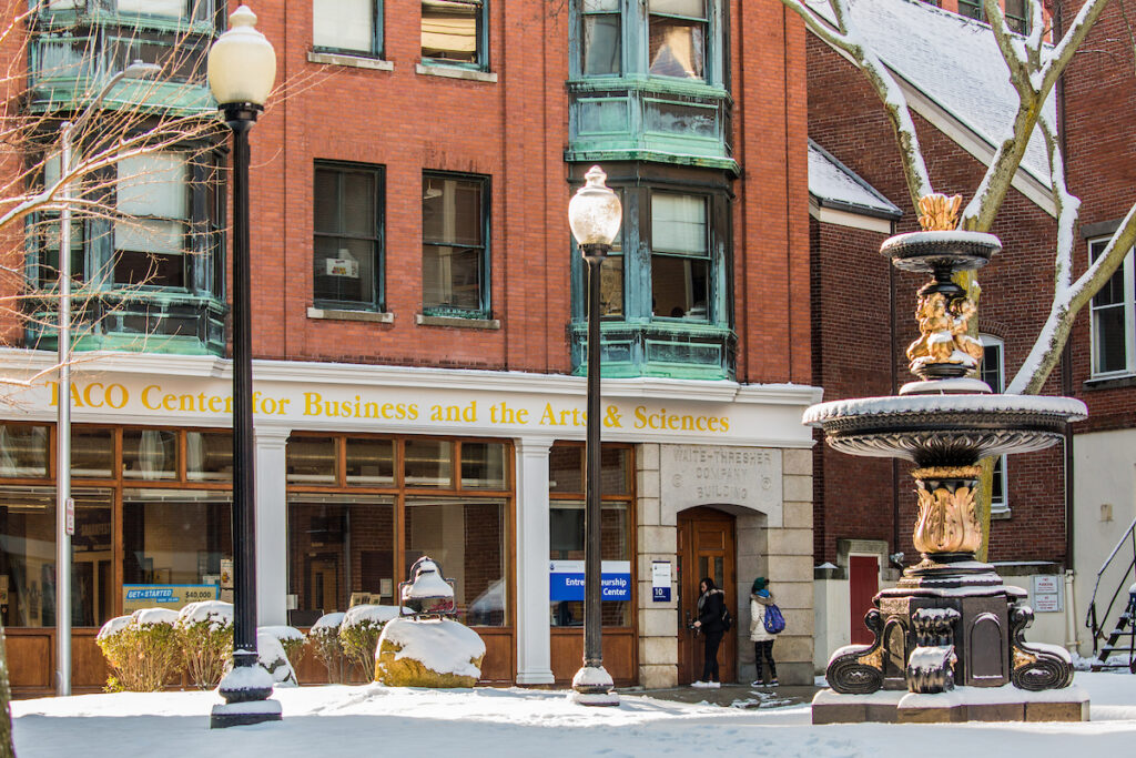 A snow-covered street scene featuring a brick building with a sign for the "TACO Center for Business and the Arts