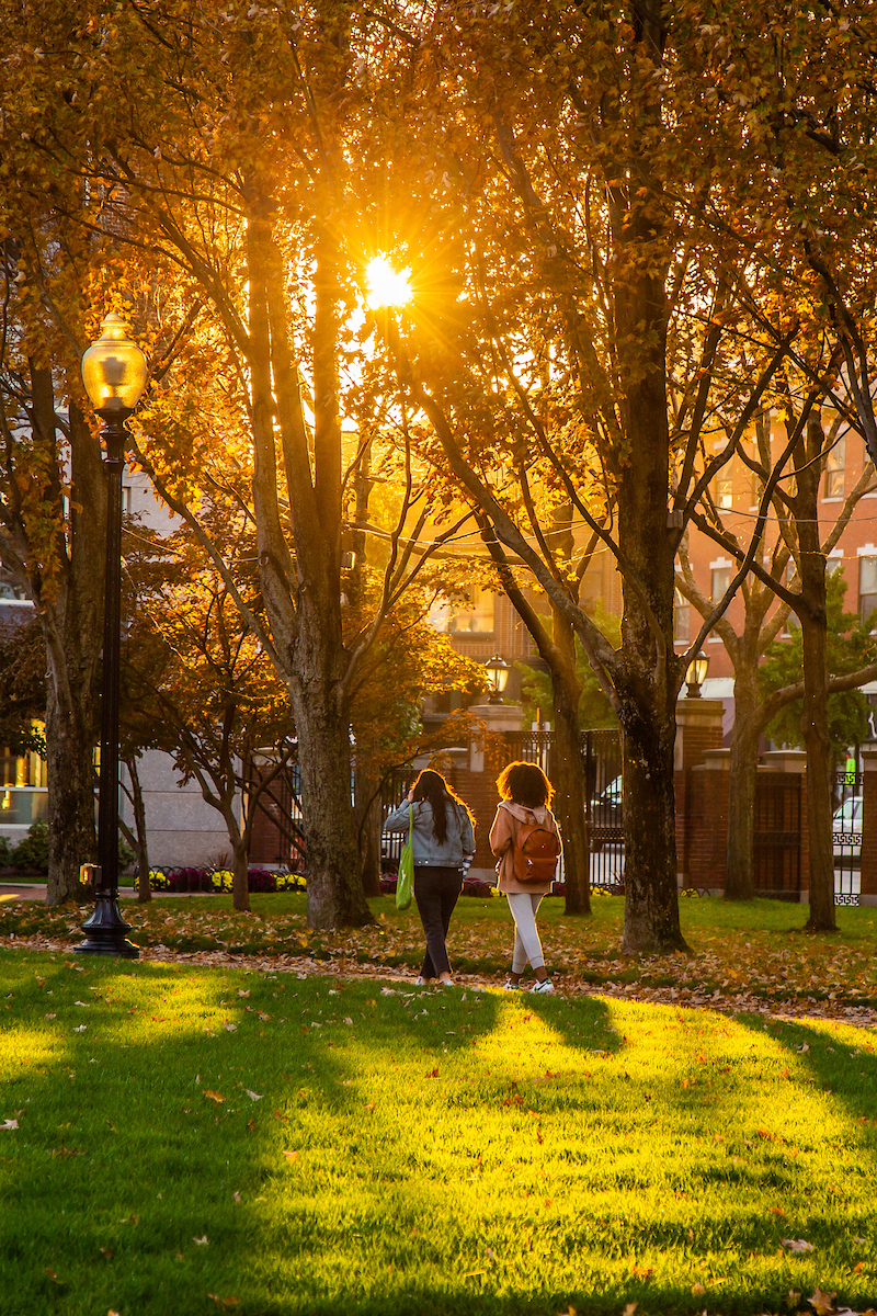 Students walking on downcity campus in the Fall