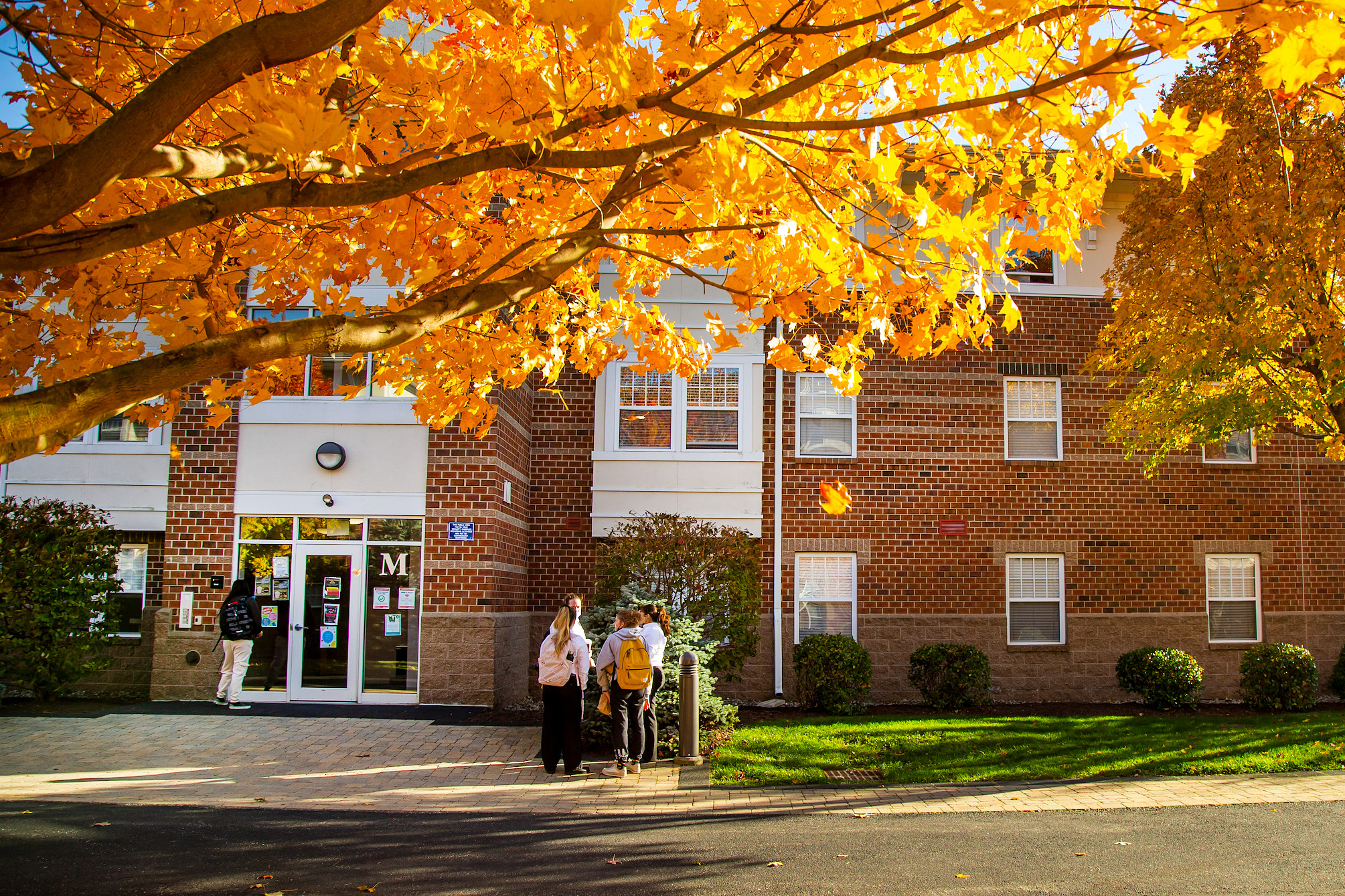 Brick residence hall entrance in autumn, with students gathered outside under golden fall foliage.