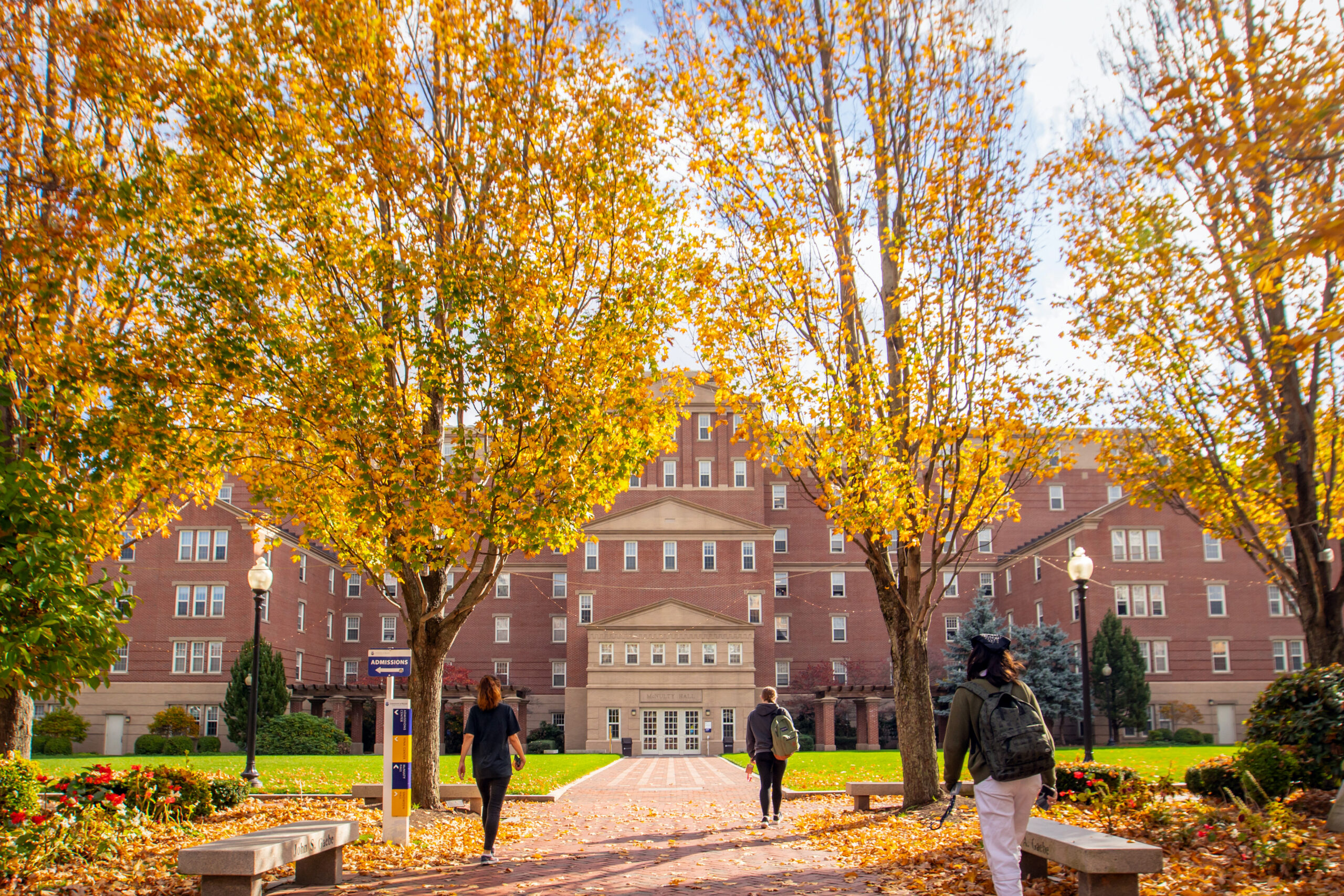 Three students walk along a path towards the red brick McNulty Hall, framed by trees with brilliant yellow autumn leaves.
