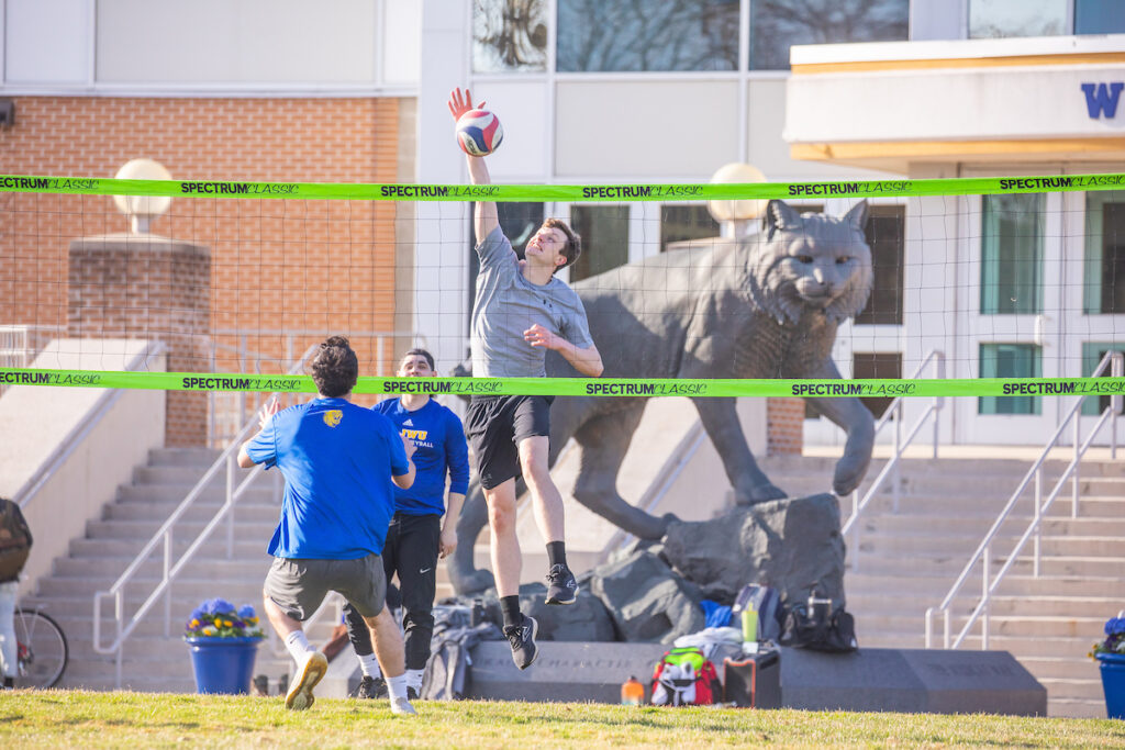 A person leaps to spike a volleyball over the net during an outdoor game, with teammates and a large statue in the background.