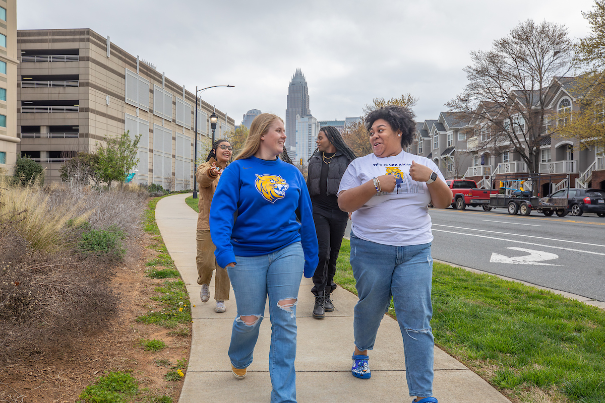 Four individuals walk along a sidewalk in an urban area, with one wearing a blue sweatshirt featuring a tiger logo and another in a white t-shirt with a matching graphic, while buildings and a city skyline are visible in the background.