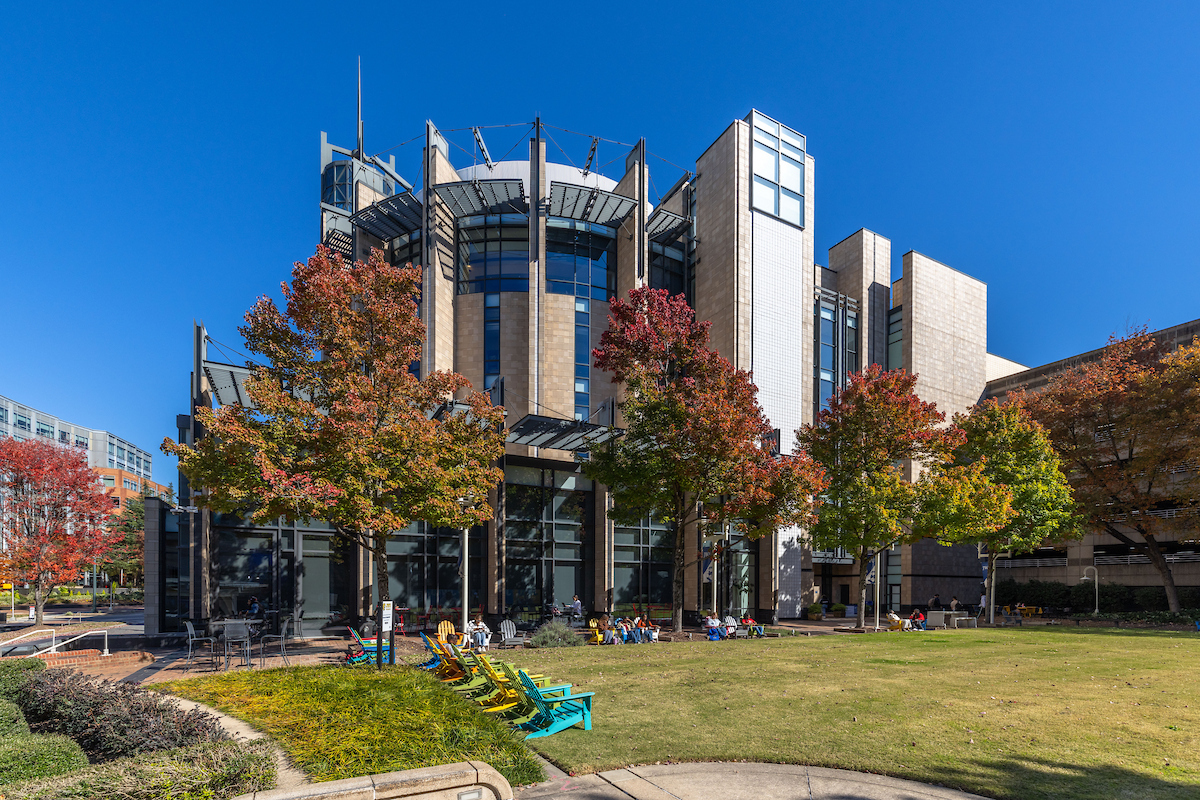 Overhead shot of students gathered on Gaebe Commons, with the Providence skyline in the background.