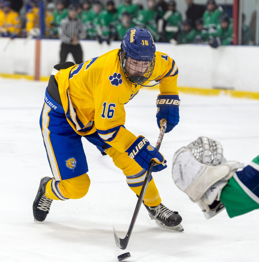 A hockey player in a yellow and blue uniform with the number 16 skates toward the goal, facing off against a goalie in a green and blue uniform.