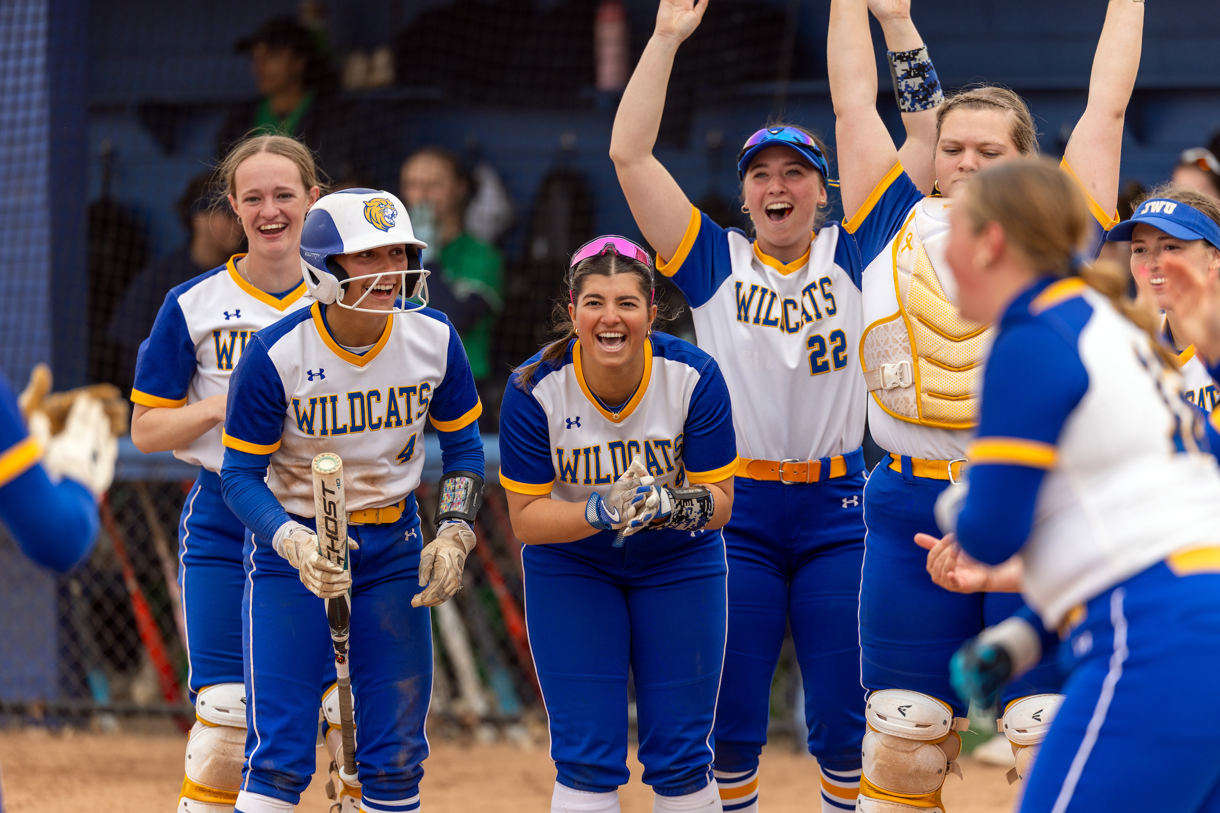 A group of softball players in blue and white uniforms celebrate enthusiastically on the field.