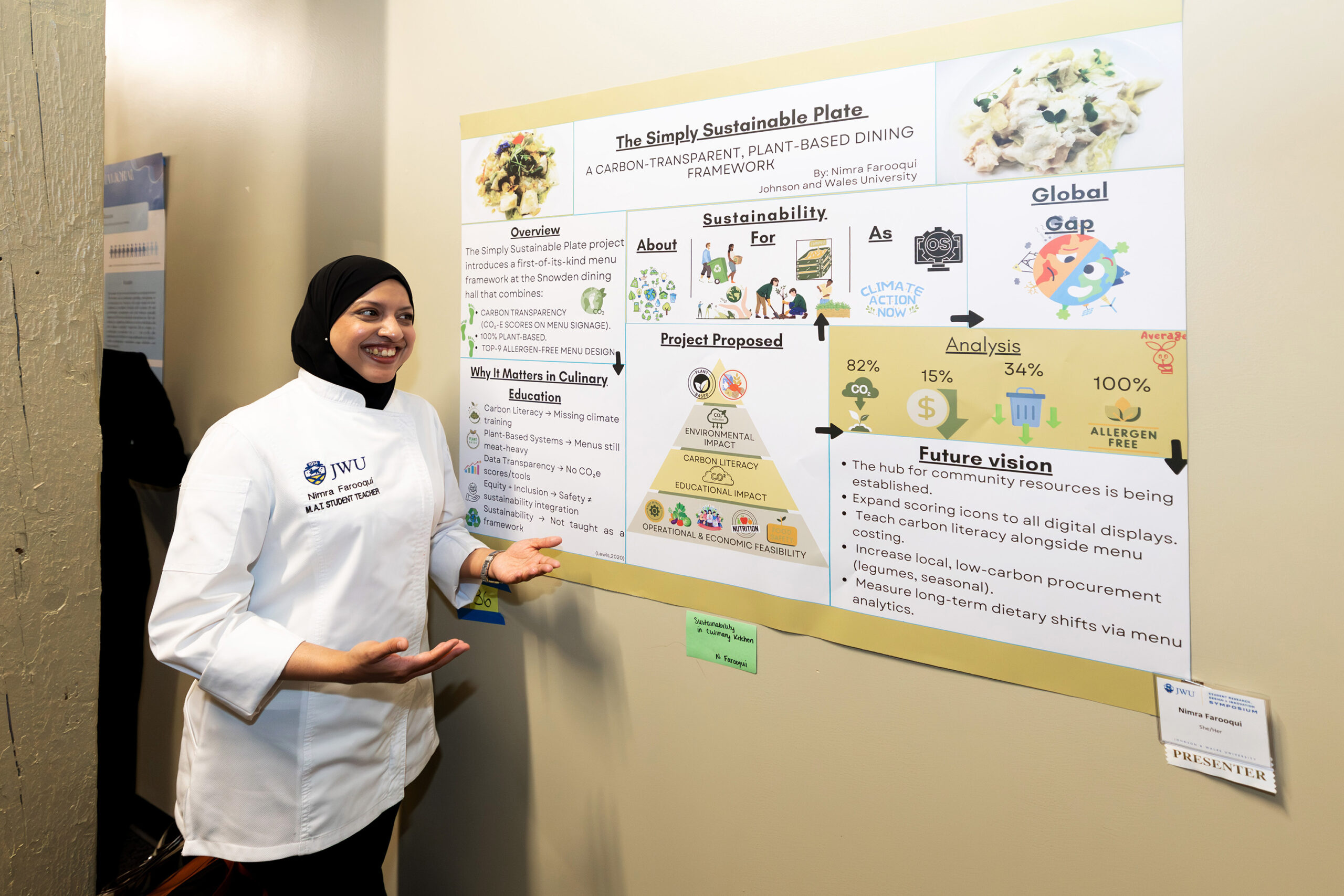 A person in a chef's coat stands beside a large poster titled "The Simply Sustainable Plate," presenting a plant-based dining framework focused on carbon transparency and sustainability.