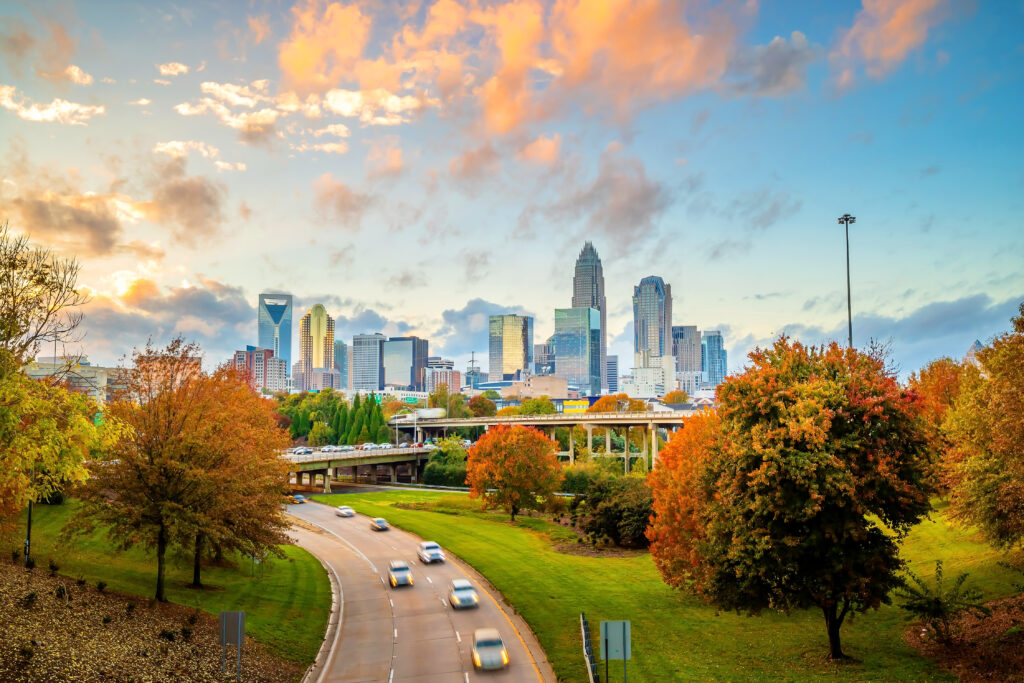 An aerial shot of downtown Charlotte during the Fall.
