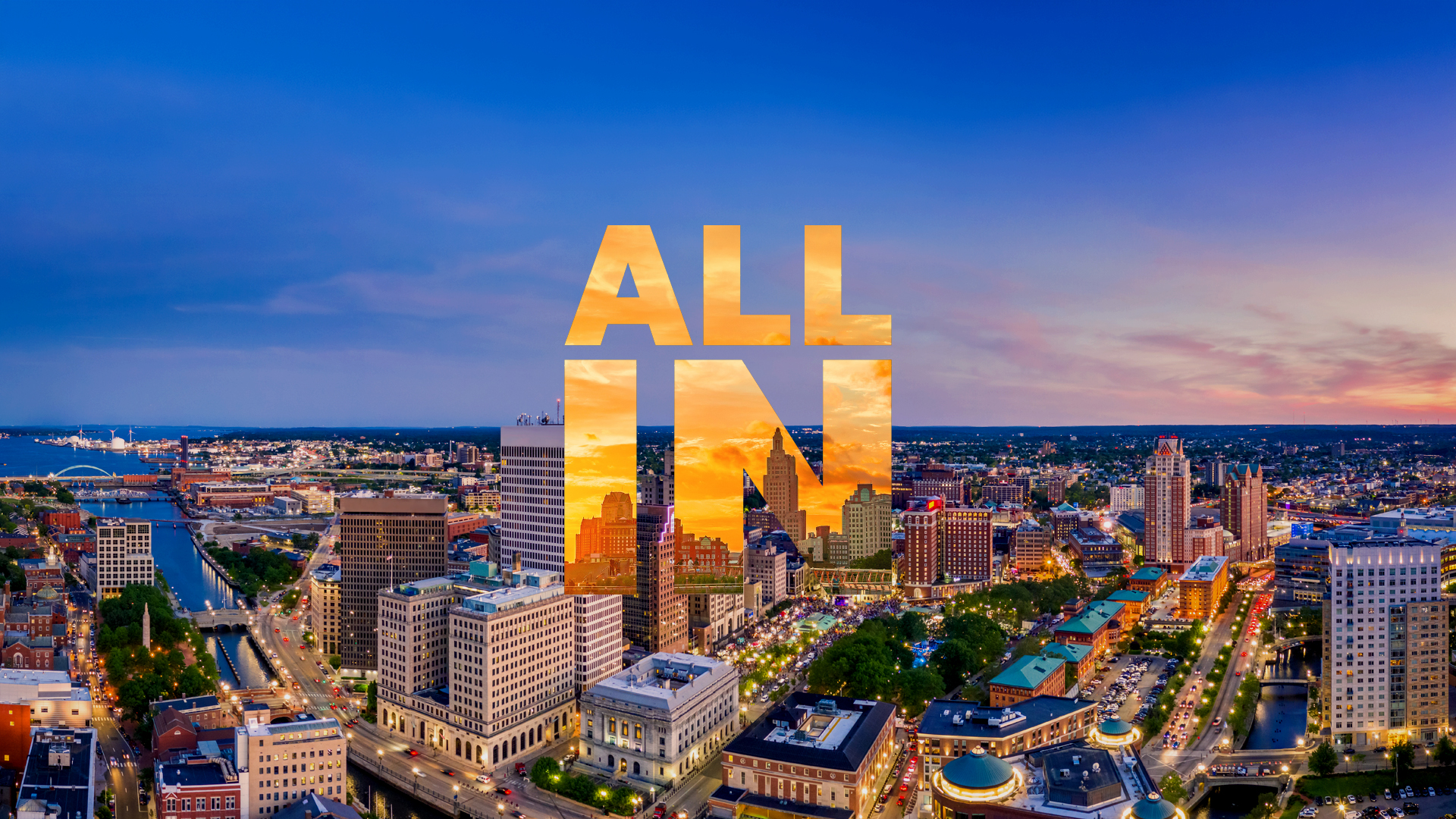 The All In series logo superimposed over an aerial photo of the Providence skyline