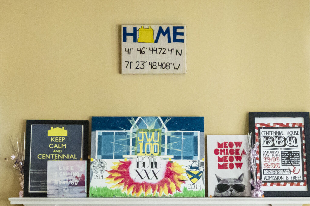 Signs inside a living room dorm.