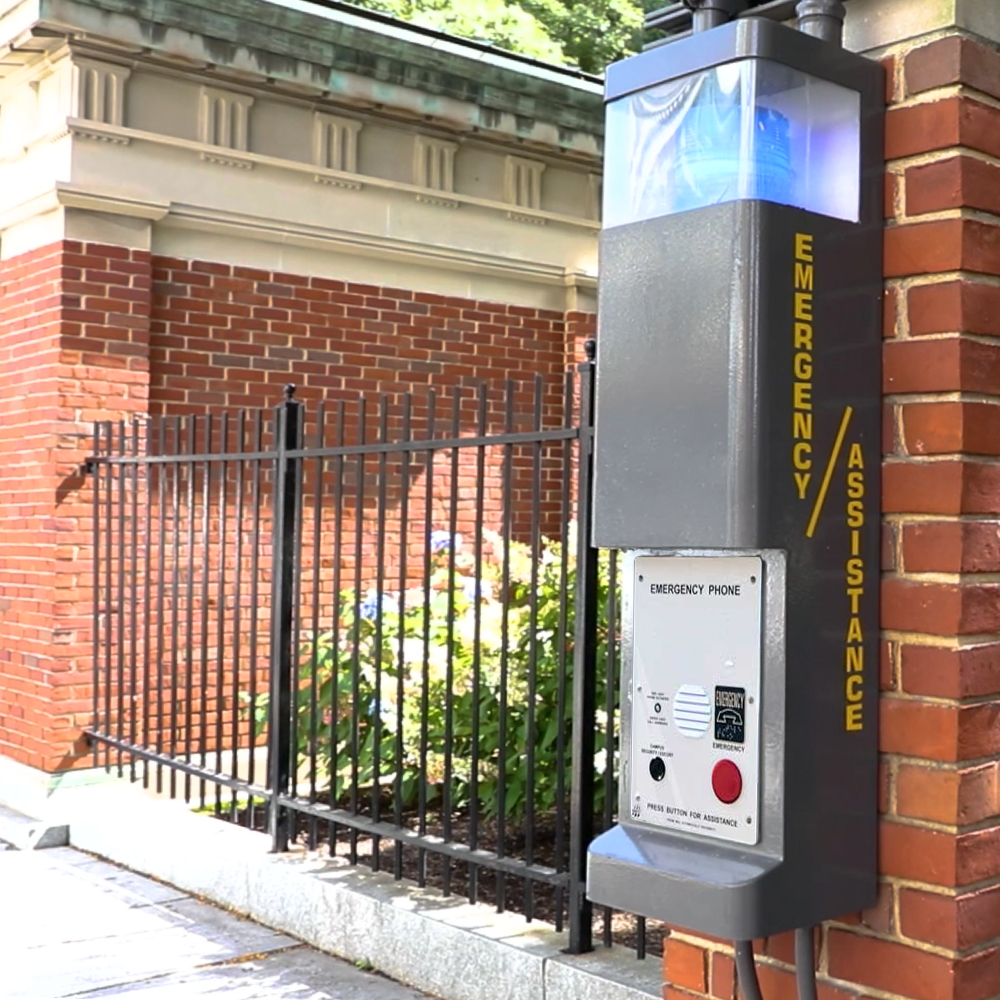 A campus safety call box on Gaebe Commons, JWU Downcity Campus in Providence, Rhode Island