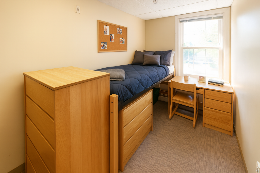A dorm room with a twin bed, wooden desk, storage and a window between the bed and wall.