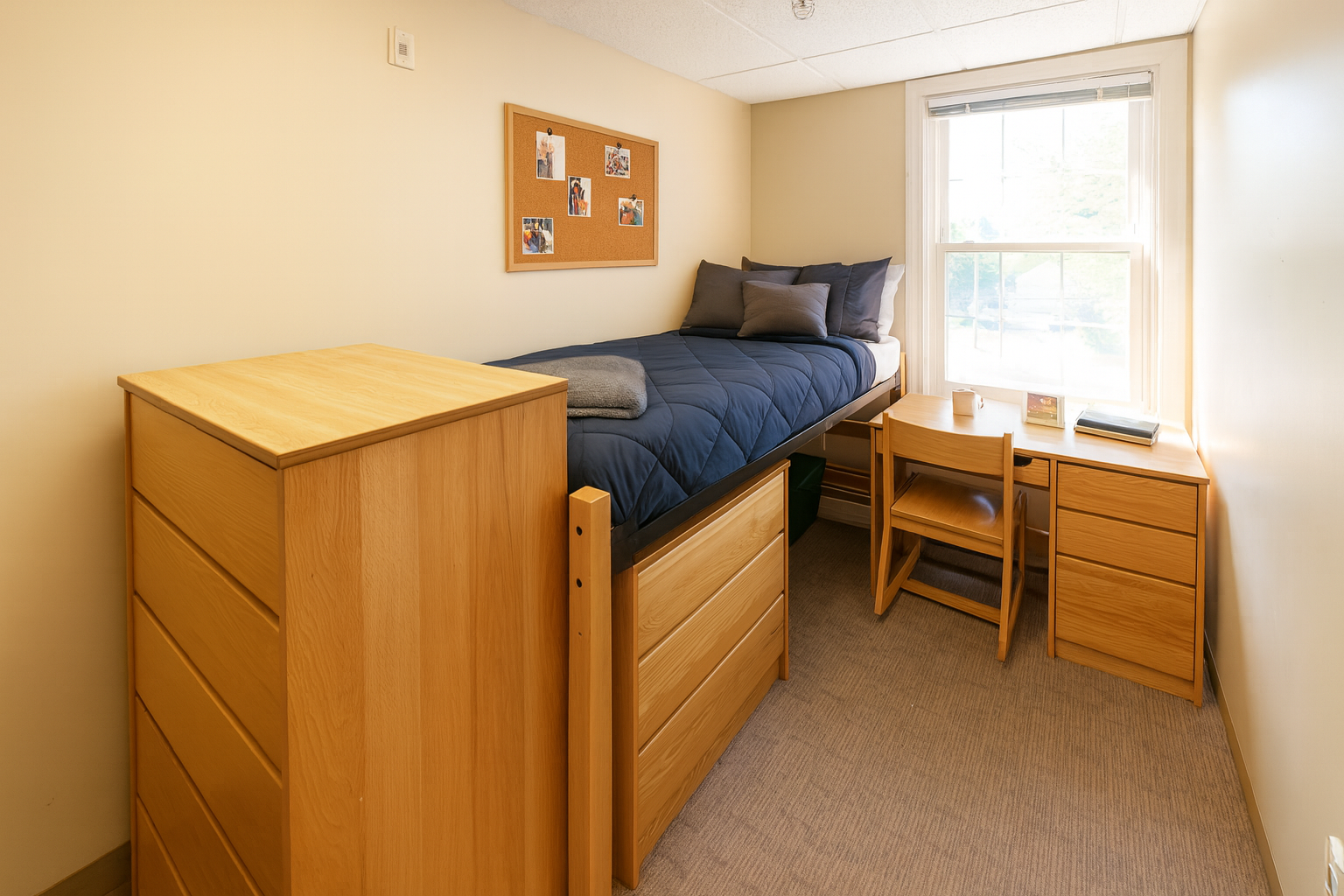 A dorm room with a twin bed, wooden desk, storage and a window between the bed and wall.