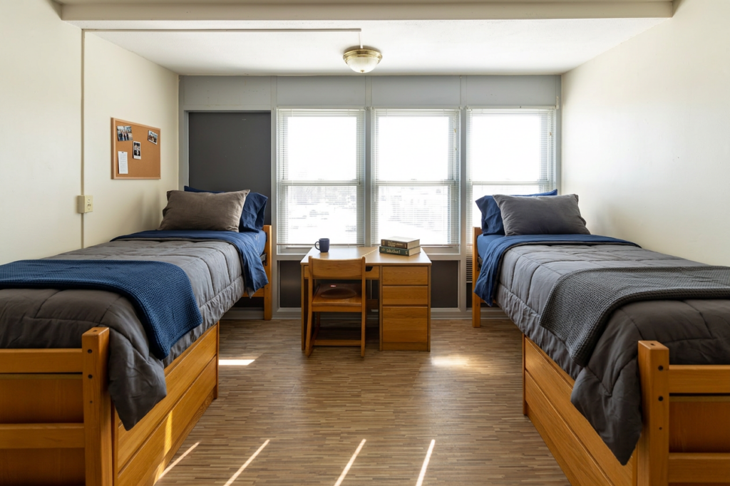 A dorm room with a twin bed, wooden desk, storage and a window between the bed and wall.