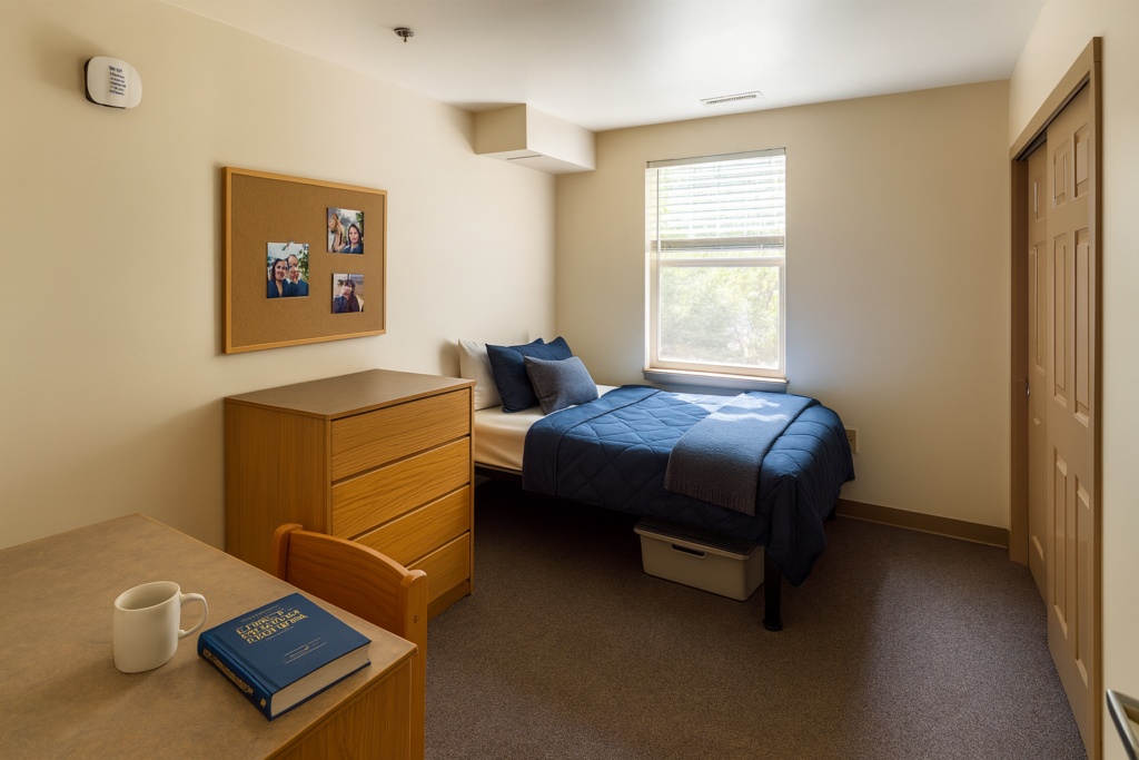 A dorm room with a twin bed, wooden desk, storage and a window next to the bed.