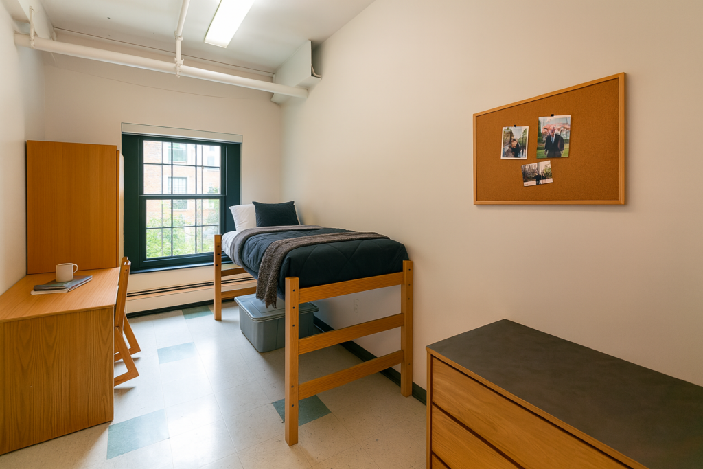 A dorm room with a twin bed, wooden desk, storage and a window between the bed and wall.