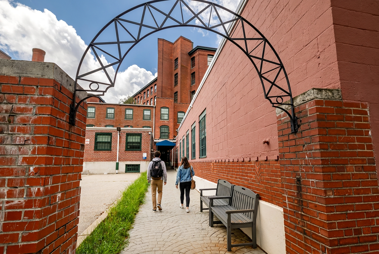 Through a brick arch, two students walk on a path past benches towards a large red brick mill building.