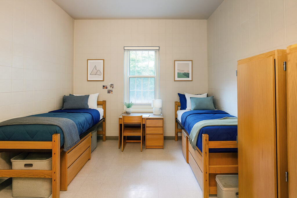 A dorm room with two twin beds, wooden desks, storage and a window between the beds.