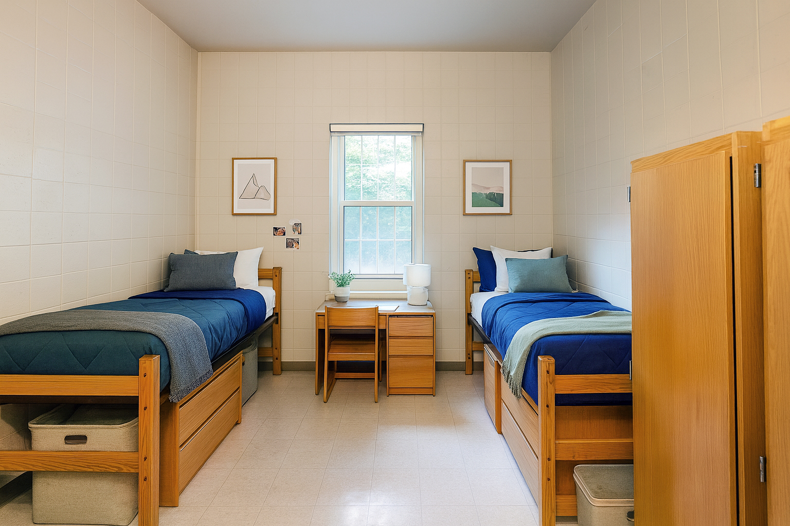 A dorm room with two twin beds, wooden desks, storage and a window between the beds.