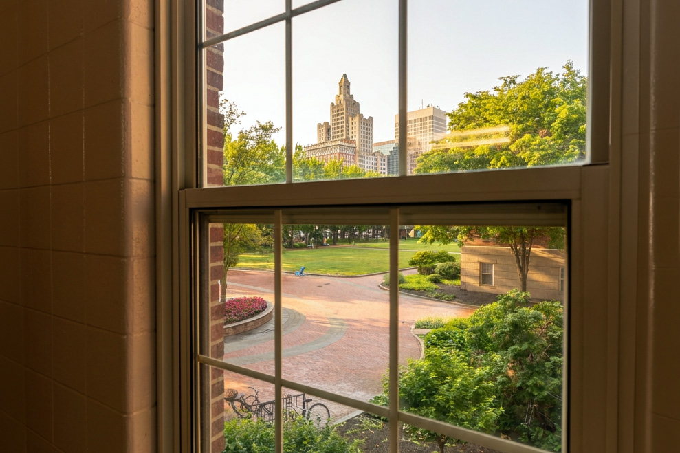 A city scape shown through a window over looking a courtyard.