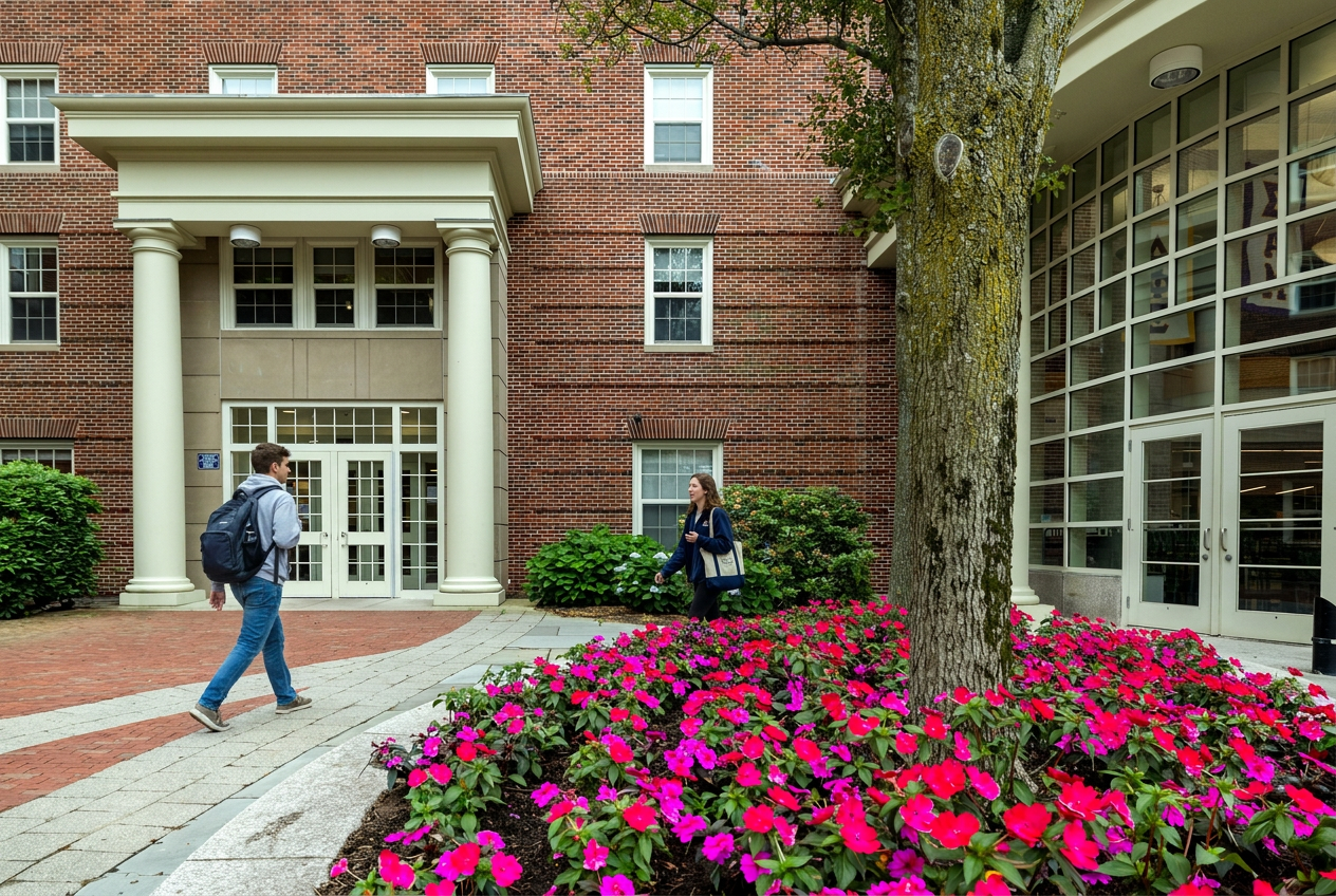 Students walk through a brick campus courtyard with bright flowers and building entrances.