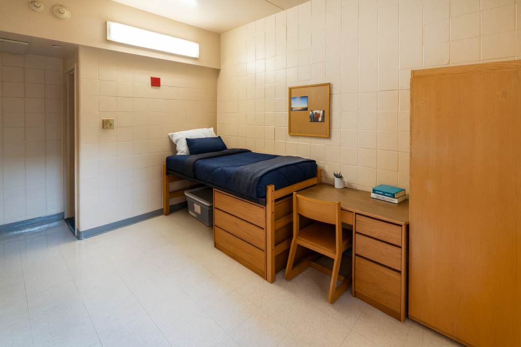 A dorm room with a twin beds, wooden desk, storage and a chair.