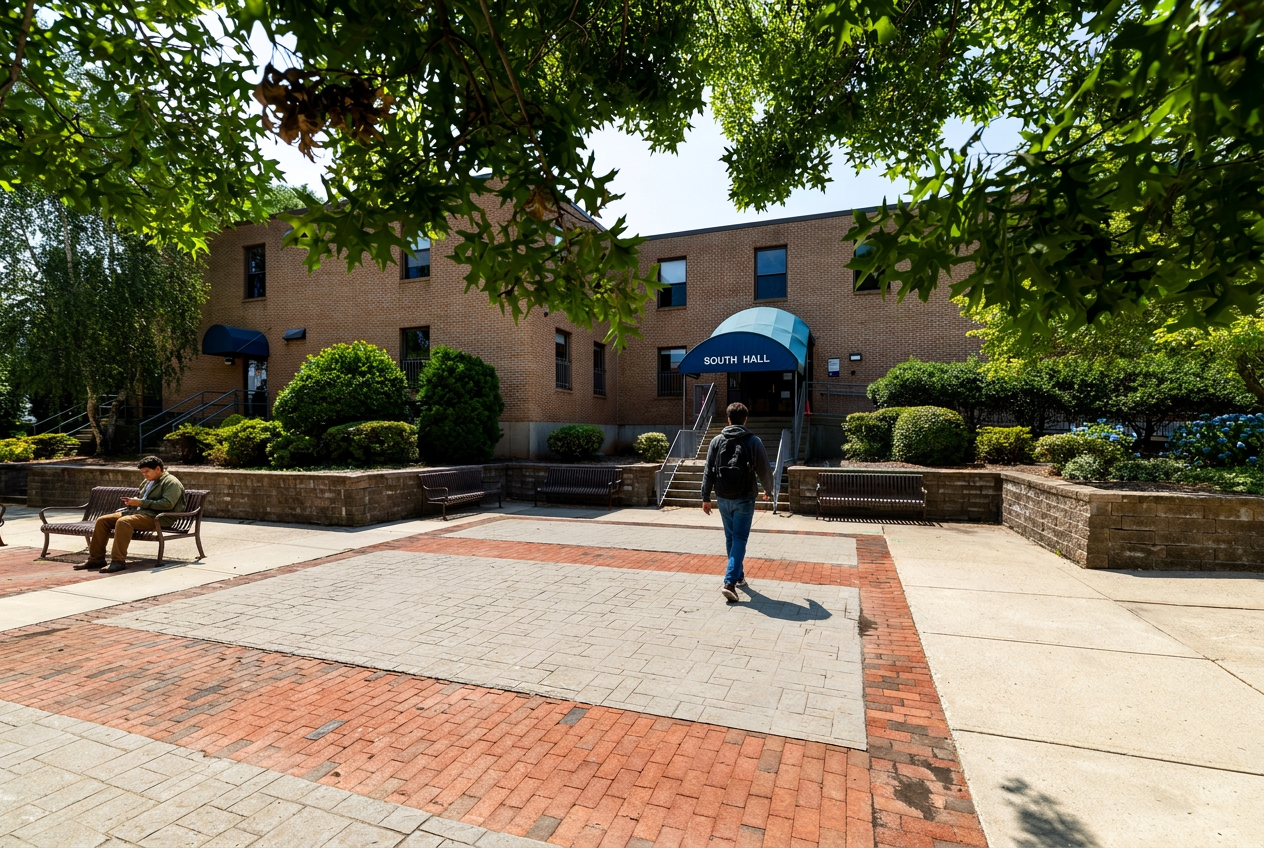 A student walk through a brick campus courtyard while another student sits on a bench.