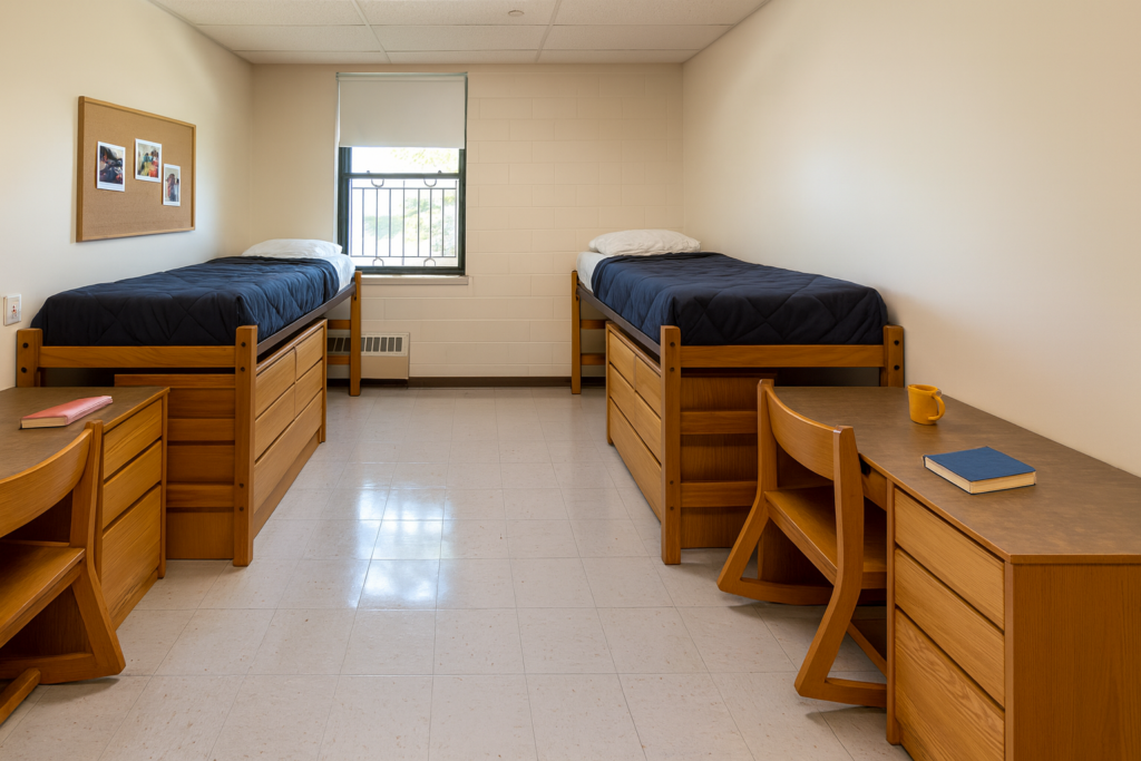A dorm room with two twin beds, wooden desks, storage and a window between the beds.