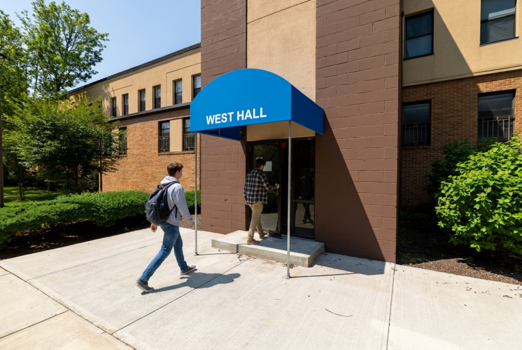 Students walk a building entrance with the words West Hall on a blue awning.