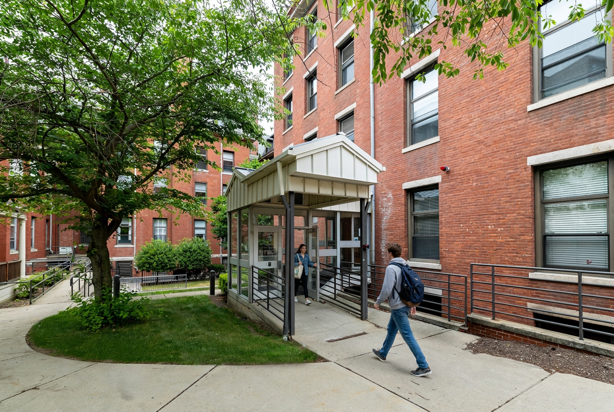 Students walk through a campus courtyard with tree to the left of the building entrance.