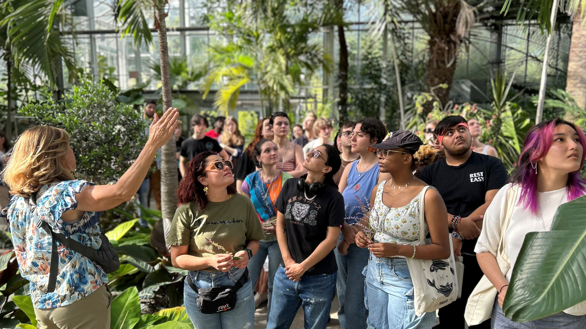 Group of students touring the Roger Williams Botanical Center to learn about sustainable practices.