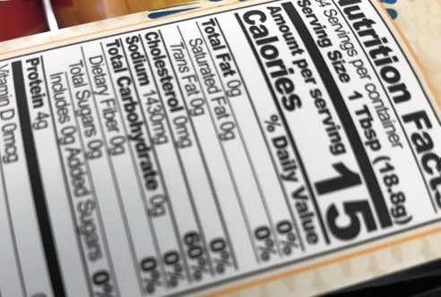 Closeup of a product nutrition label. JWU’s Ecolab Center can conduct nutrition label analysis.