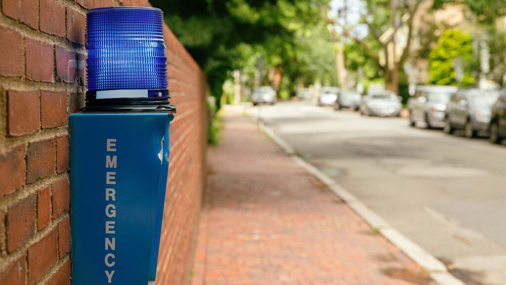 An emergency blue light phone box that can be used to call Campus Safety in the event of an emergency.