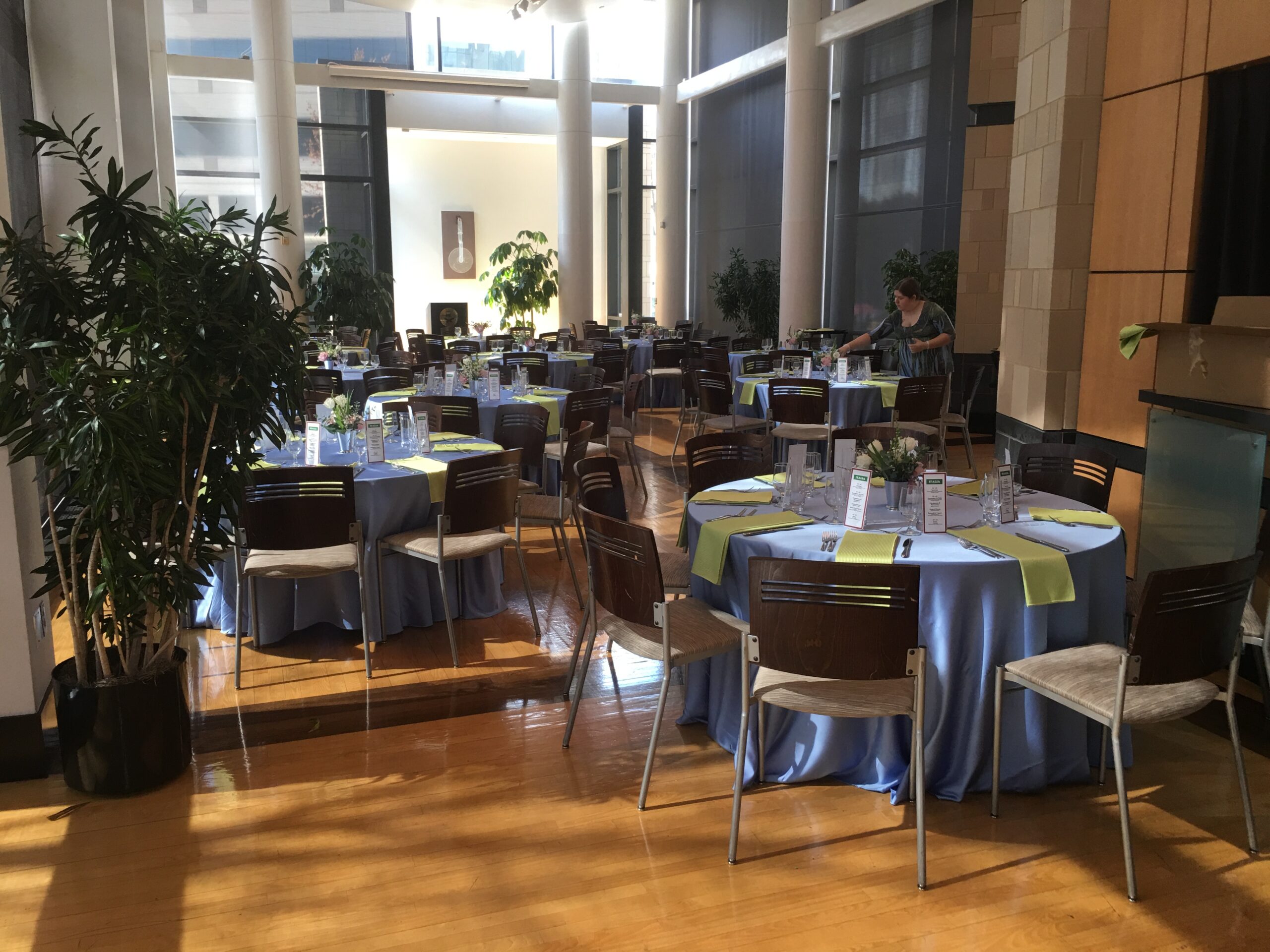 The University Events Center (UEC) in Charlotte with a formal dinner table layout.