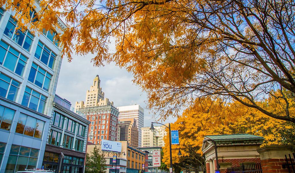 Fall downtown Providence from outside Gaebe Commons.