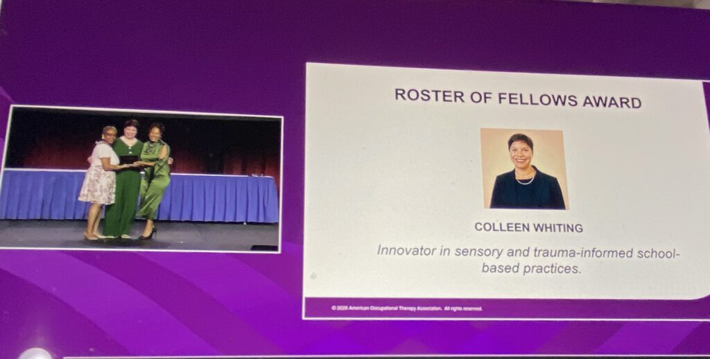 a collage featuring a photo of three women plus an announcement of a Roster of Fellows award for Colleen Whiting